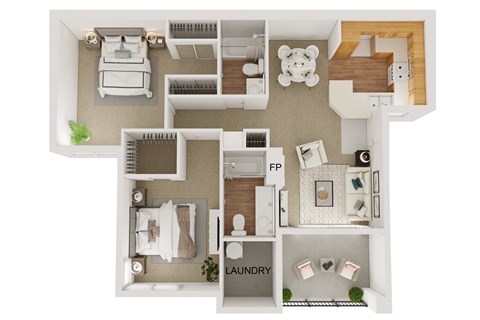 Floor plan for 2 beds, 2 baths, 1034 sqft